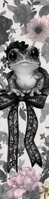 Free kawaii frog bookmark featuring kawaii frog sitting on a ribbon